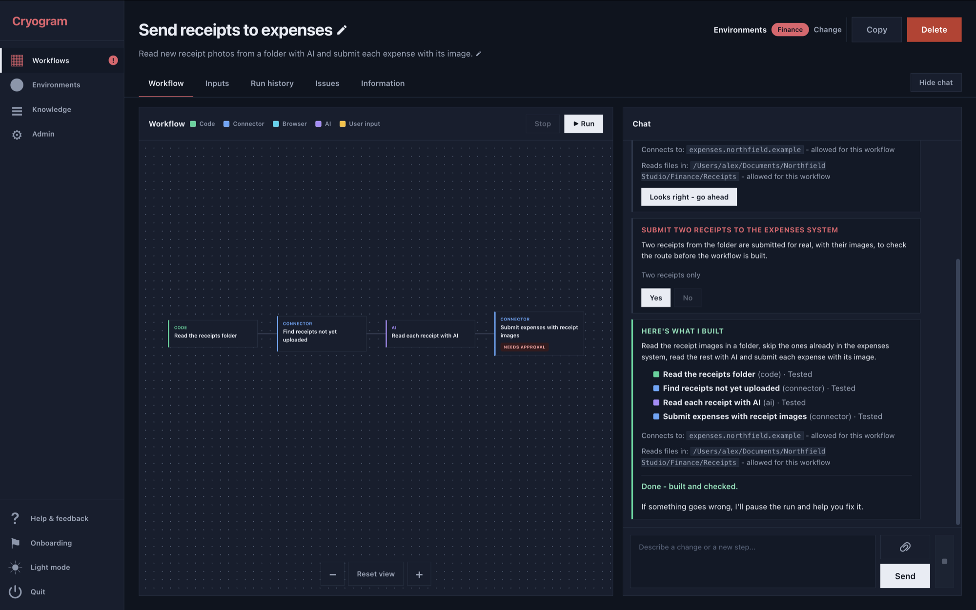 A built workflow on the canvas, with the chat it was built from beside it